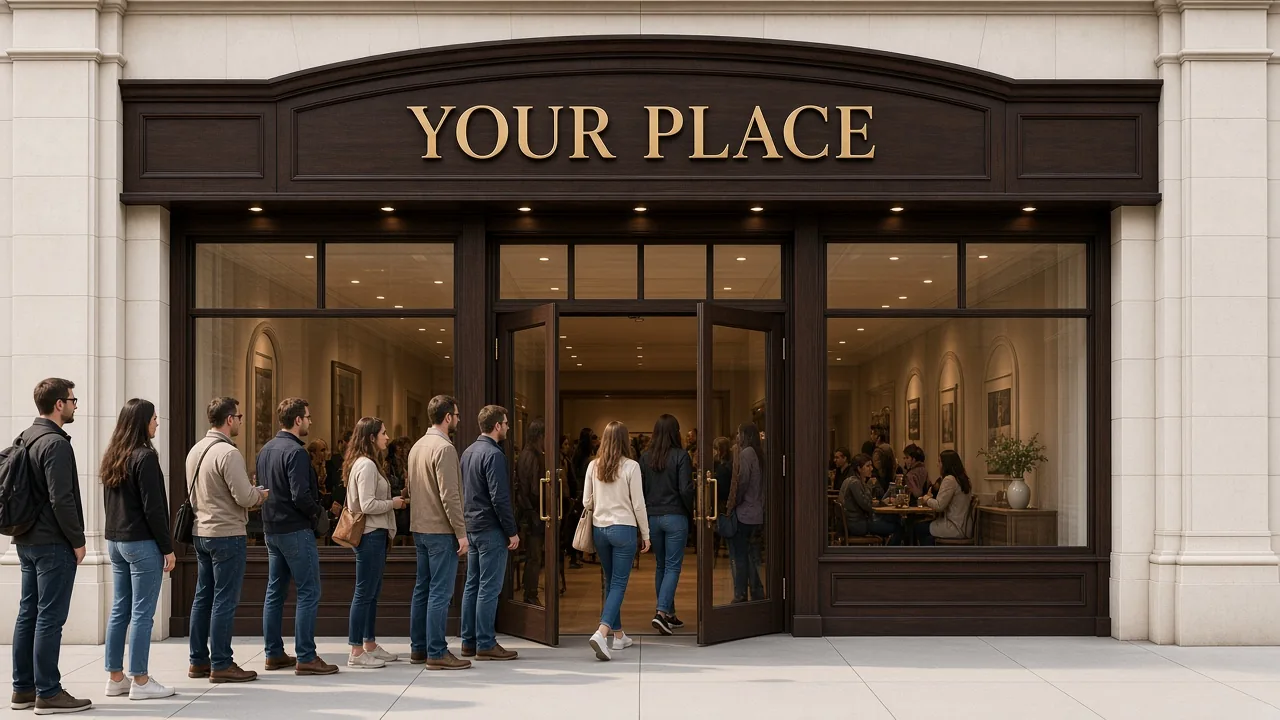 The same front with its doors open, a full room inside and a line of people waiting on the street.